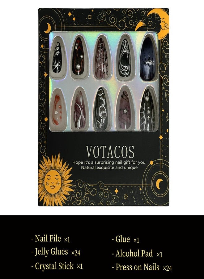 VOTACOS Goth Red Black Press on Nails Almond Medium Acrylic Fake Nails Press Ons with Glue 24Pcs Silver Lines Beads Y2K Stick on Nail with Designs 3D Star Artificial Glue on False Nail for Women - Image 3